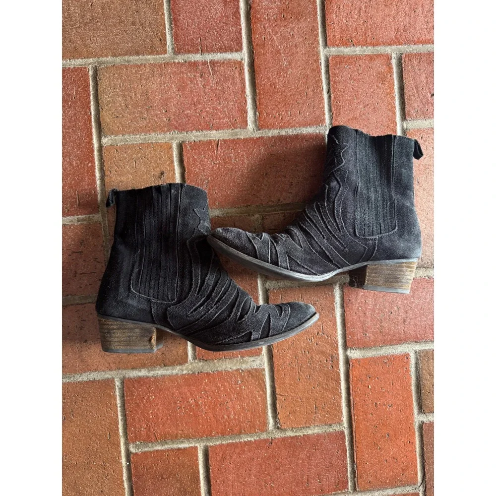 Free People‎ New Frontier Western Black Suede Ankle Boots 39 M09 Flame Stitch